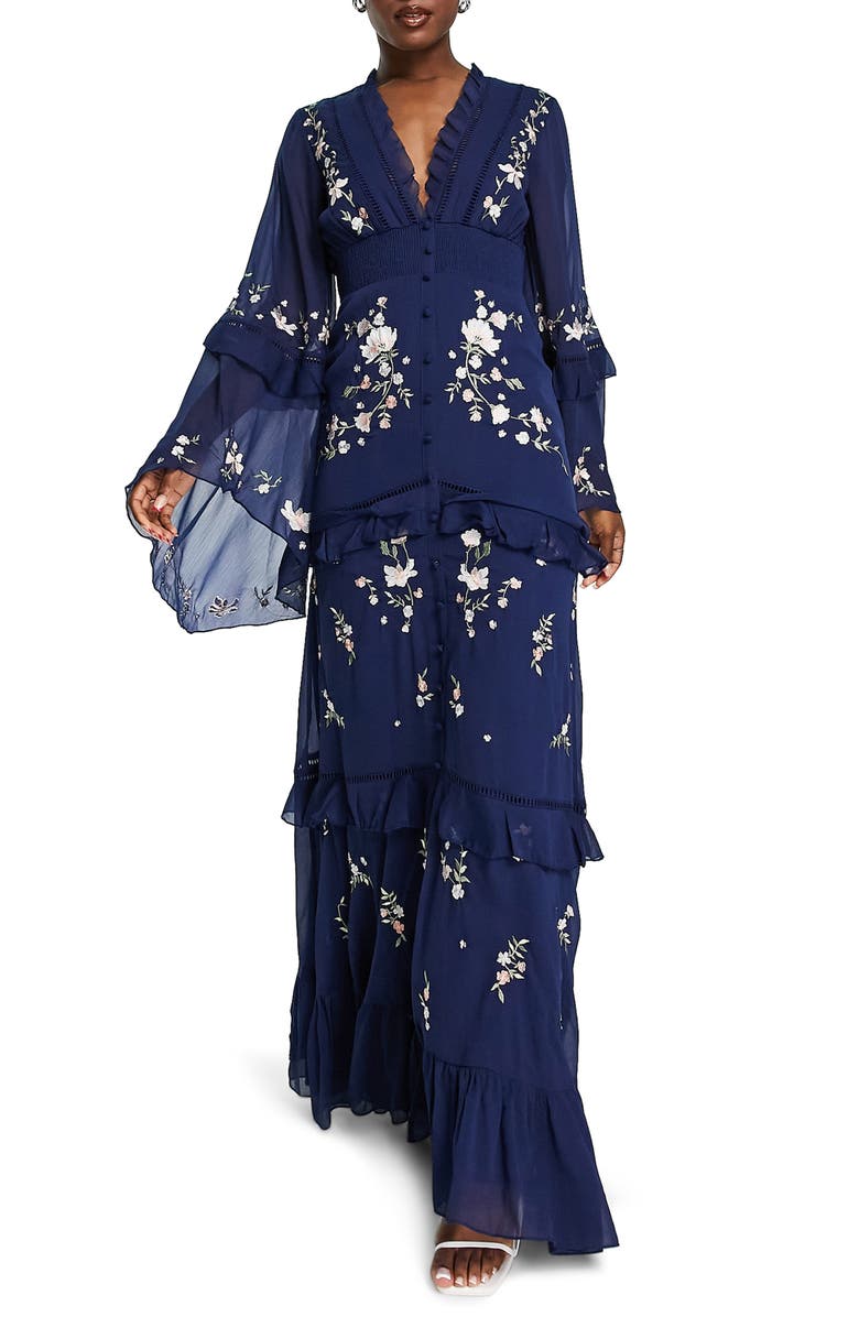 ASOS DESIGN Floral Embroidered Long Sleeve Maxi Dress, Main, color, 