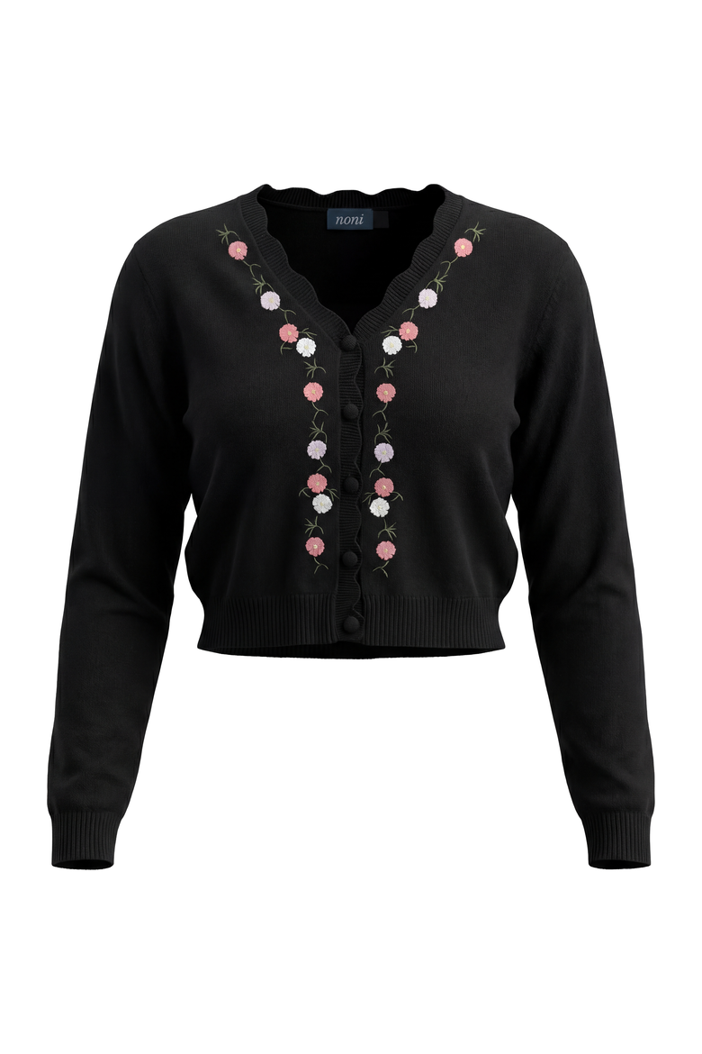 Floral Embroidered Scalloped V-Neck Knit Cardigan, Main, color, Black