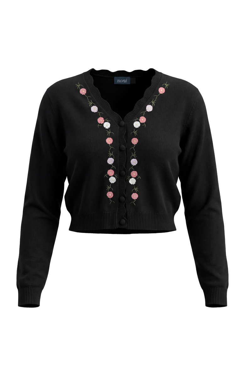 Noni Floral Embroidered Scalloped V-Neck Knit Cardigan, Main, color, Black