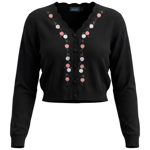 Floral Embroidered Scalloped V-Neck Knit Cardigan