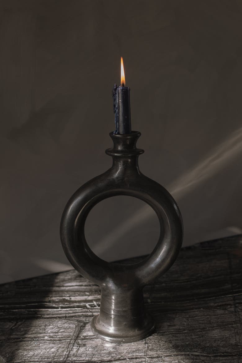 Moroccan Glazed Terracotta Candle Holder, Alternate, color, Black