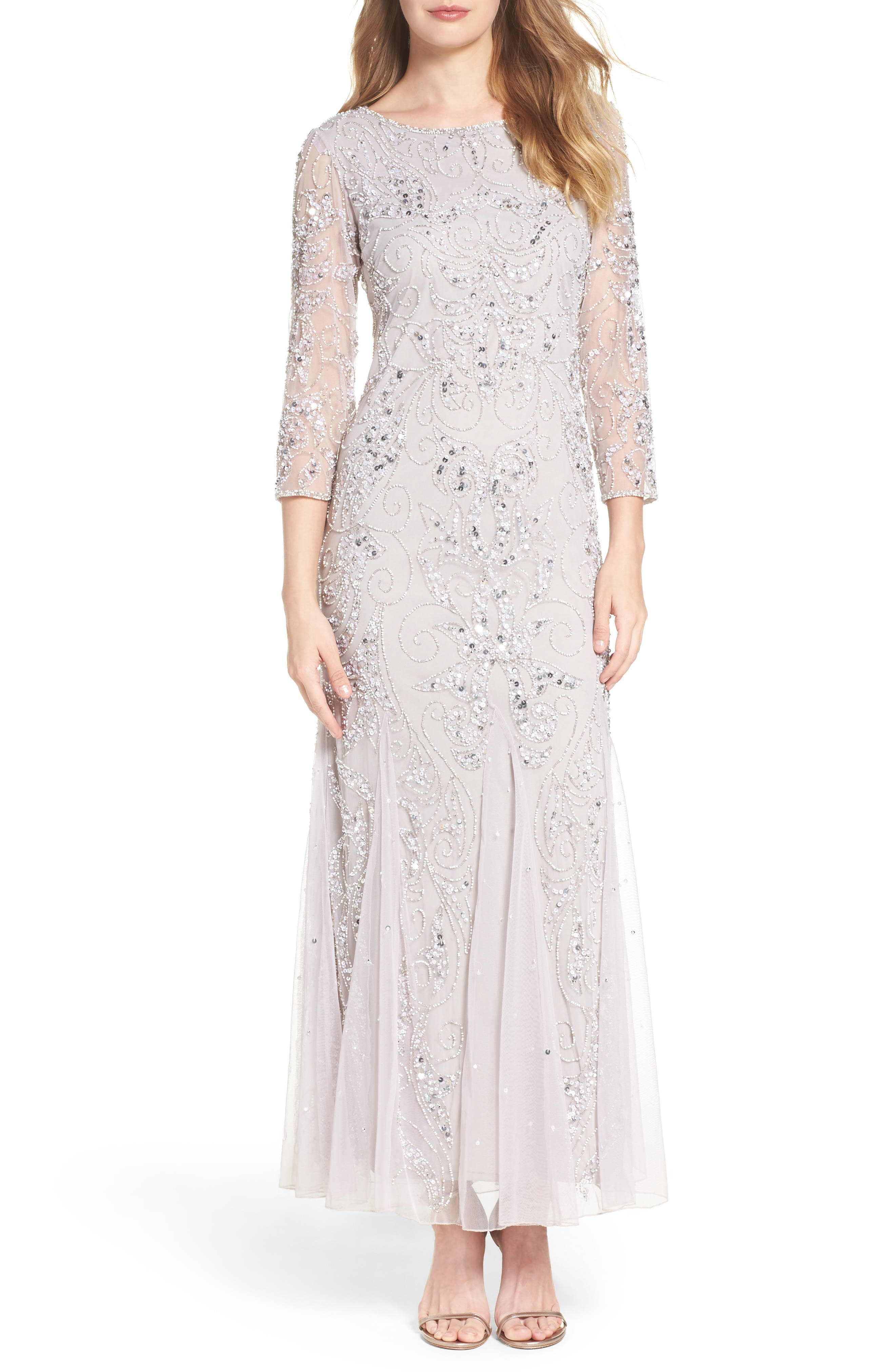 Pisarro Nights Illusion Sleeve Beaded A-Line Gown