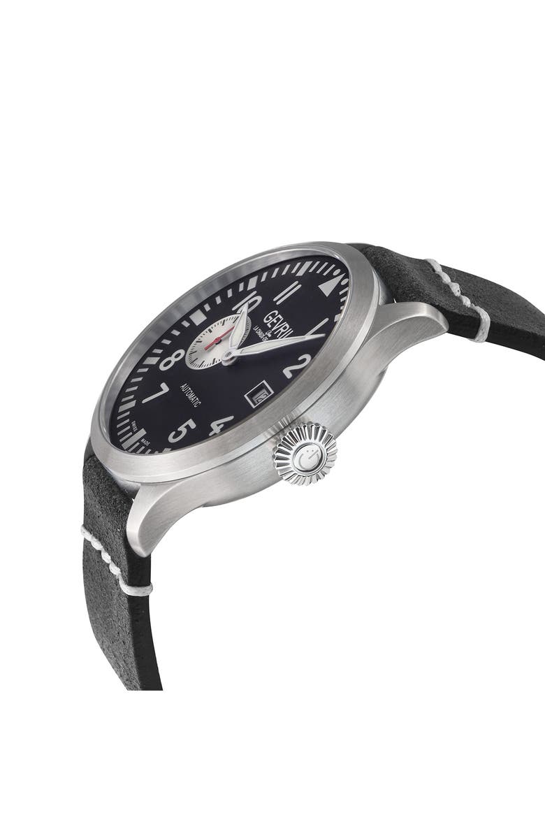 GEVRIL Vaughn Leather Strap Automatic Watch, 44mm, Alternate, color, Black