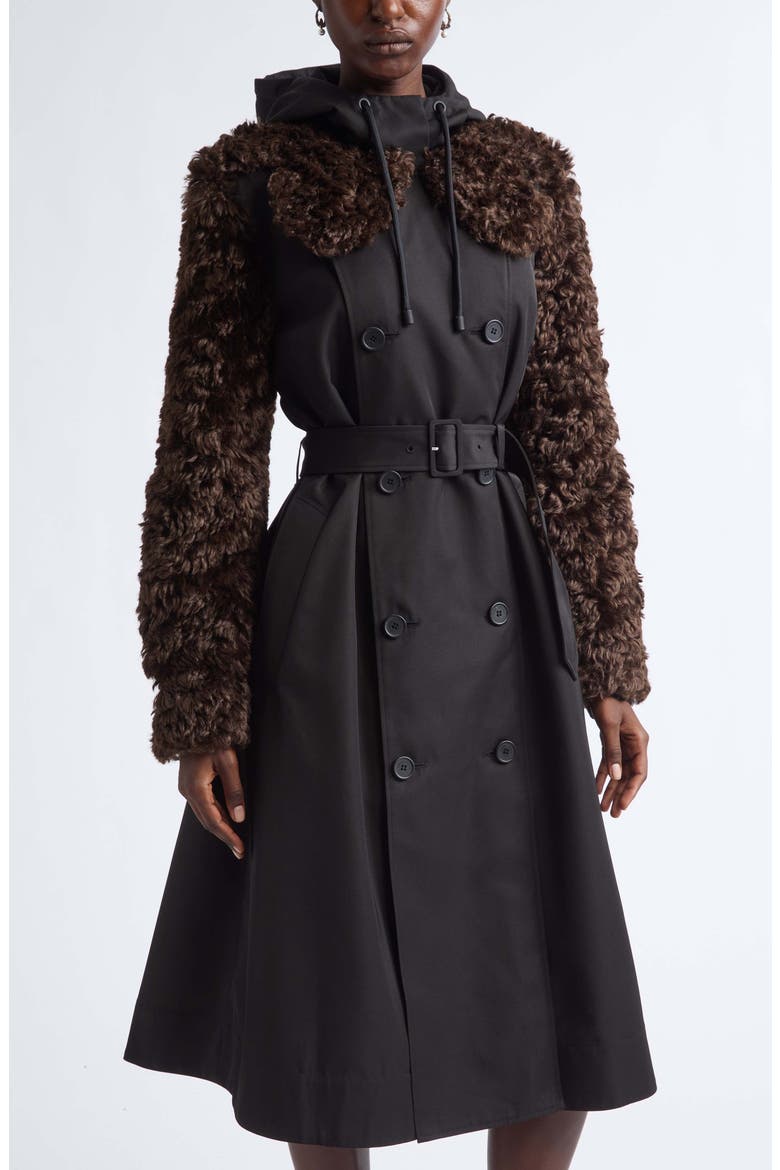 Faux Fur Detail Trench Coat, Alternate, color, BLACK/ BROWN