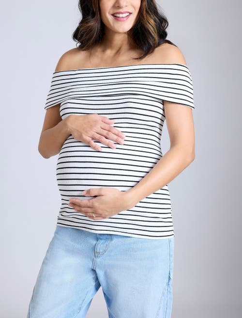 Motherhood Maternity Rib Knit Short Sleeve Off The Shoulder Top In White & Black Stripe