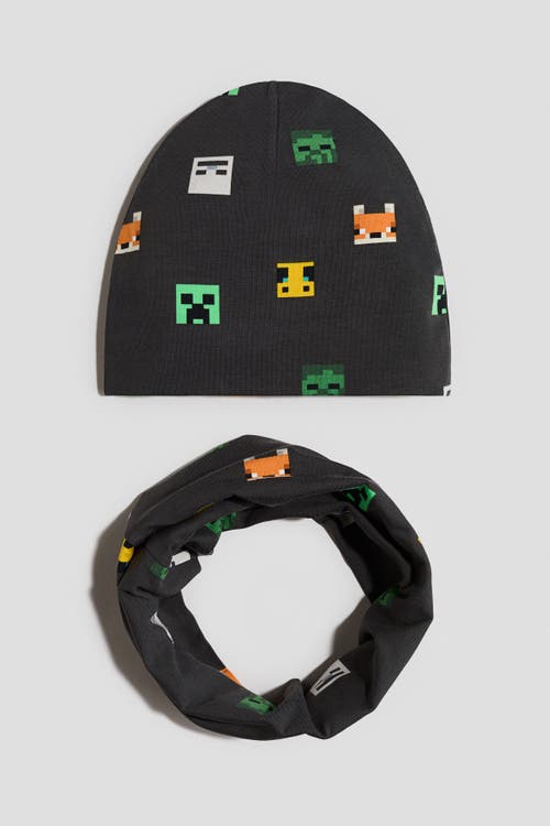H&m Kids'  2-piece Beanie And Tube Scarf Set In Dark Gray/minecraft