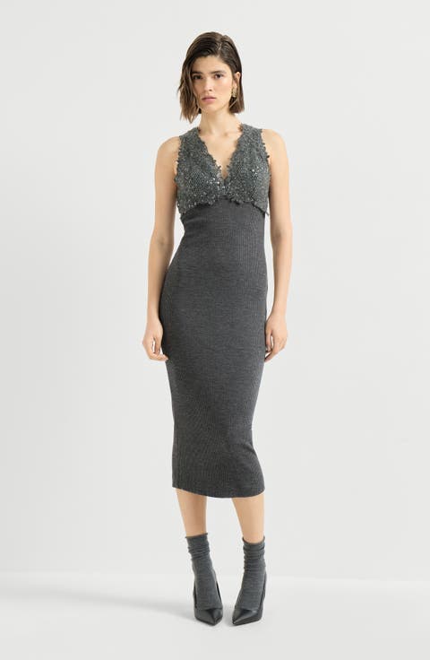 Ribbed Wool Jersey Dress With Dazzling Lace Embroidery