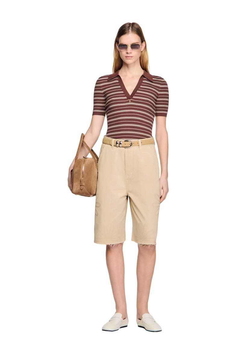 Striped V-neck polo sweater, Alternate, color, Brown