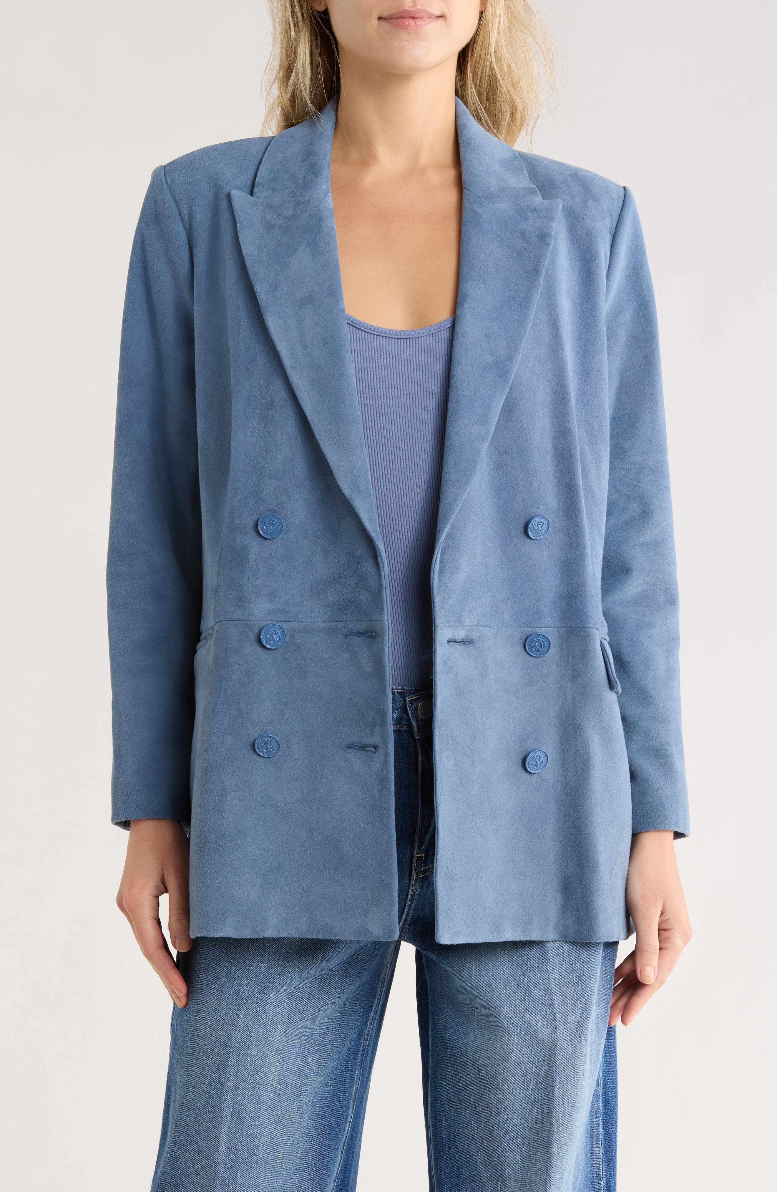 L'AGENCE Aimee Relaxed Fit Double Breasted Suede Blazer