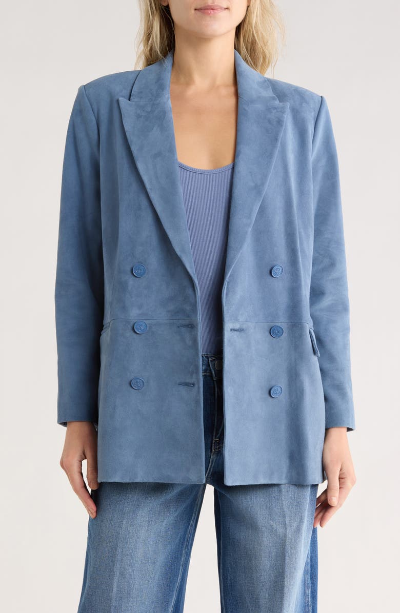 L'AGENCE Aimee Relaxed Fit Double Breasted Suede Blazer, Main, color, Blue Horizon