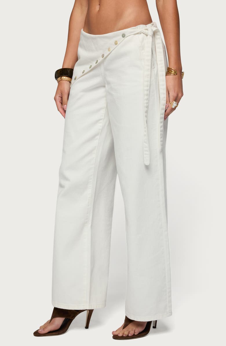 EDIKTED Button Foldover Low Rise Wide Leg Jeans, Alternate, color, Off-White