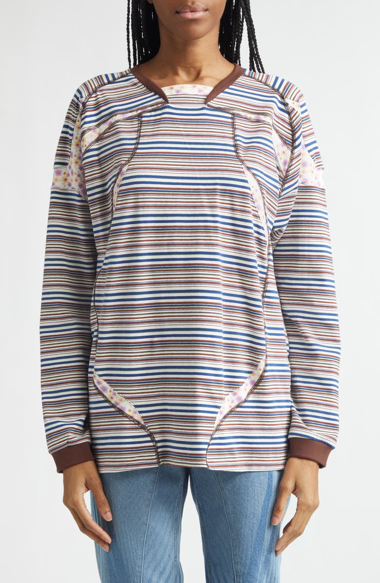 Paolina Russo Sport Floral Stripe Raglan Sleeve T-Shirt, Main, color, White And Brown Stripes