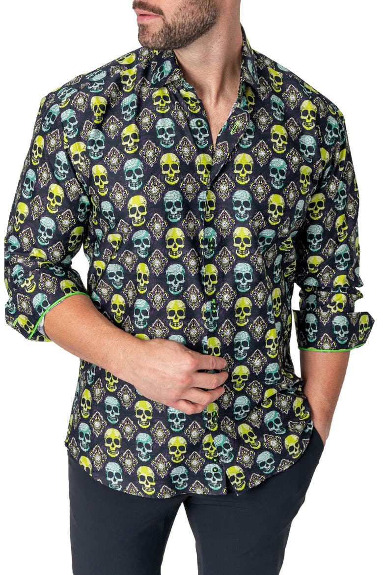 Fibonacci Regular Fit Skull Button-Up Shirt, Alternate, color, GREEN