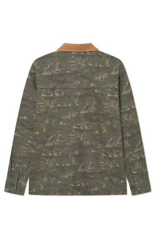 Les Deux Layton 2.0 Camouflage Denim Overshirt In Chive Green/summer Melon