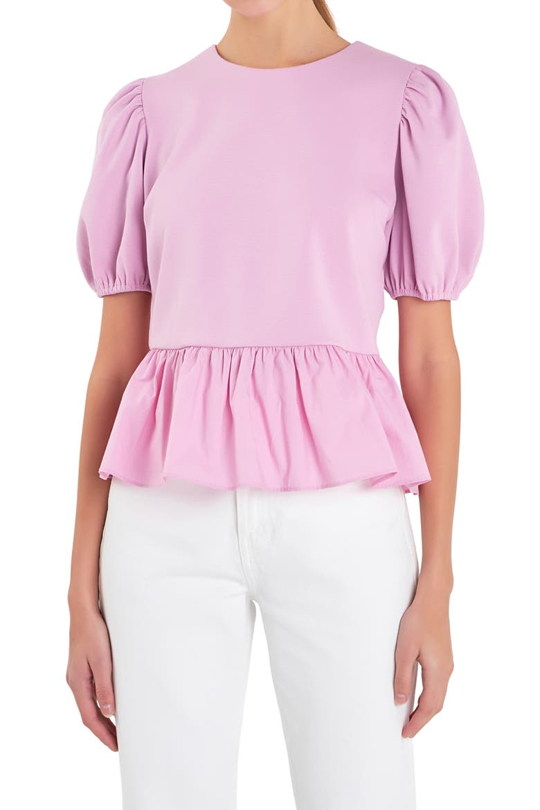 Mixed Media Puff Sleeve Peplum Top, Alternate, color, LAVENDER