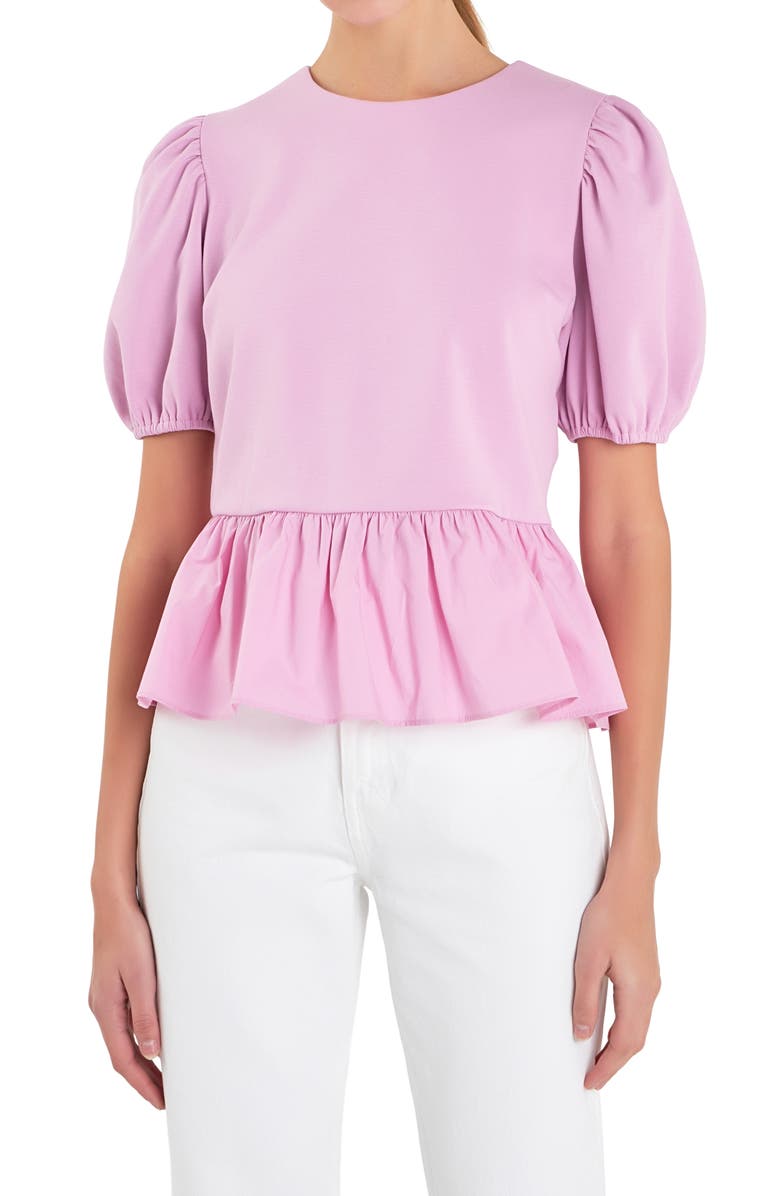 English Factory Mixed Media Puff Sleeve Peplum Top, Alternate, color, Lavender