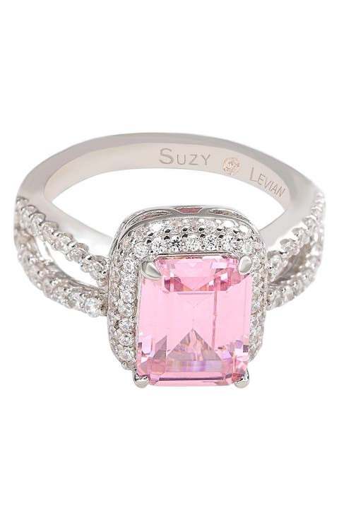 Sterling Silver Pink Emerald CZ Pavé Halo Ring