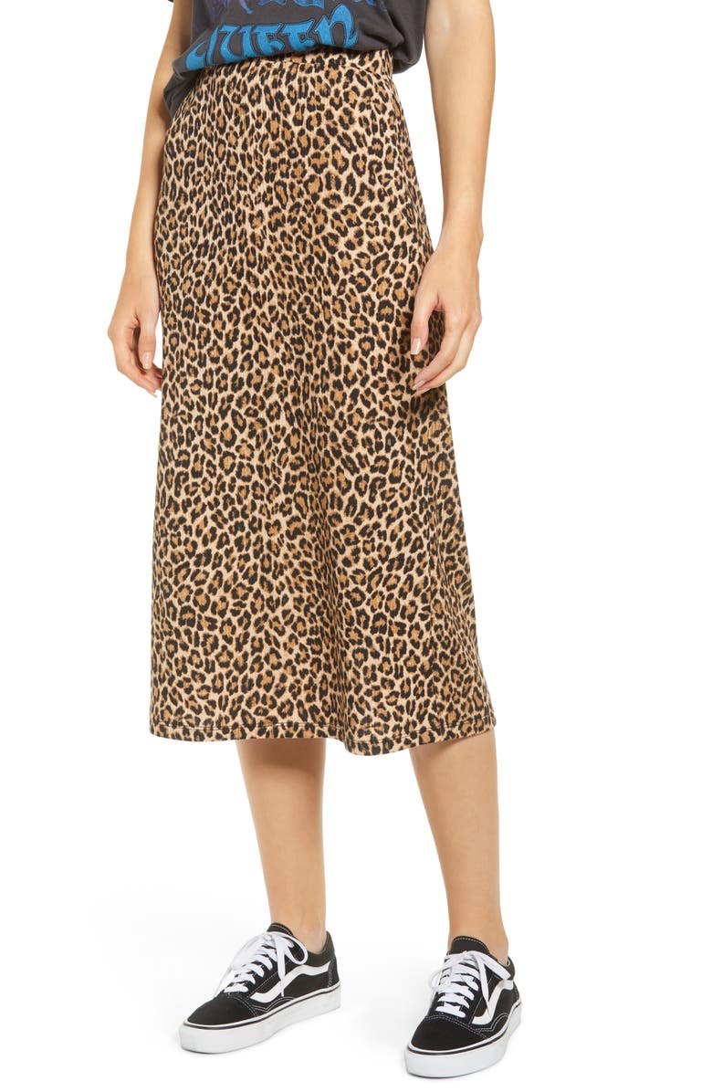 Good Luck Gem Ribbed Leopard Print Midi Skirt, Main, color, 