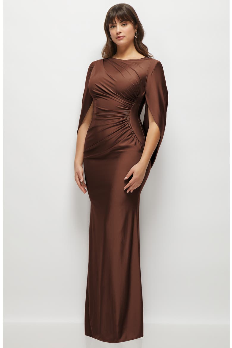 Cape Sleeve Satin Gown, Alternate, color, COGNAC