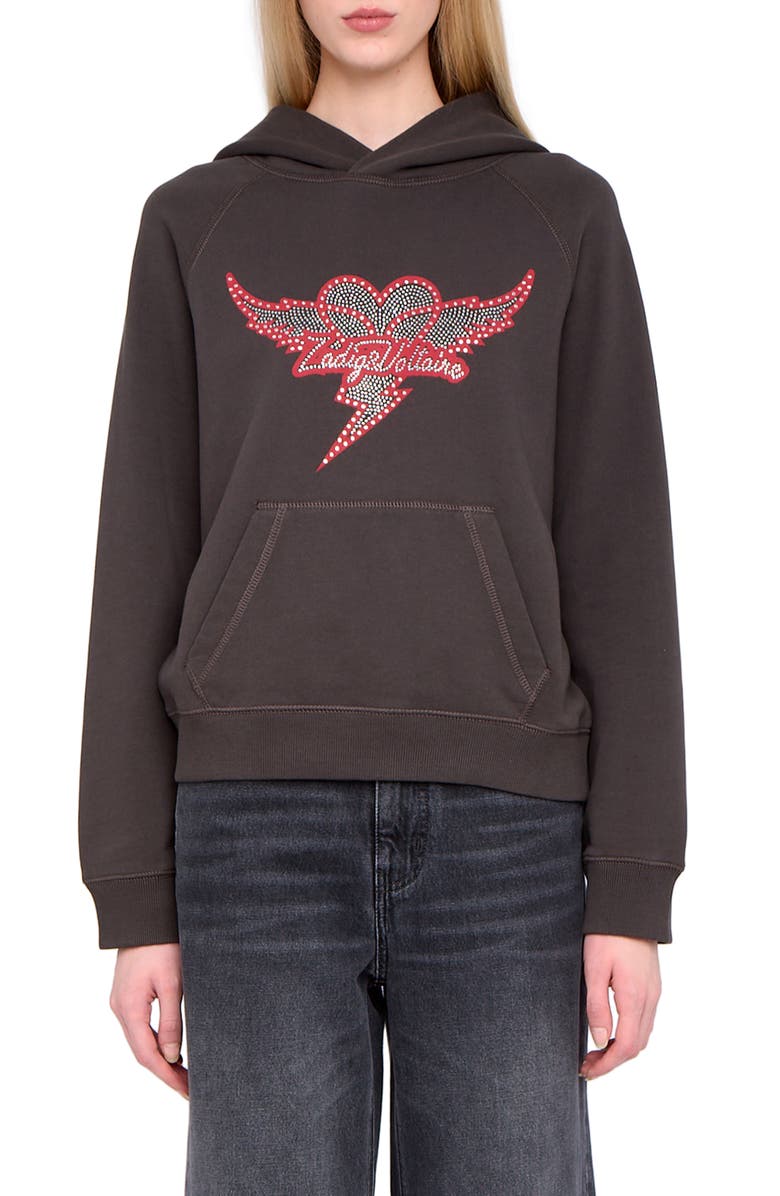 Zadig & Voltaire Georgy Heart Wings Strass Crystal Embellished Cotton Graphic Hoodie, Main, color, Carbone