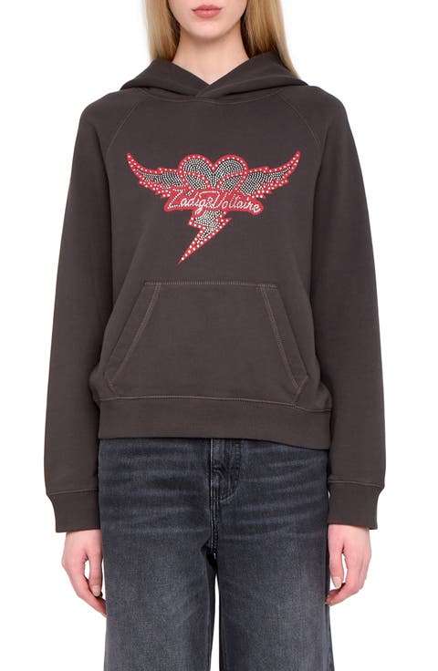 Georgy Heart Wings Strass Crystal Embellished Cotton Graphic Hoodie