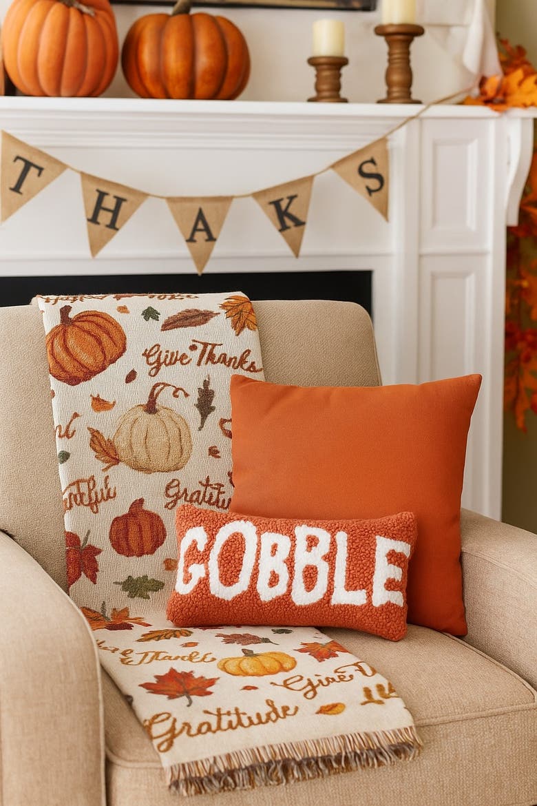 "Gobble" Thanksgiving Mini Hooked Lumbar Accent Pillow 6" x 12", Alternate, color, Orange