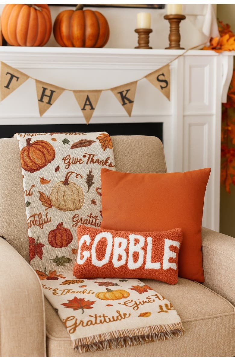 C&F Home Gobble Script Rectangle Small Small/Petite Hooked Accent Pillow, 6" x 12", Alternate, color, Orange