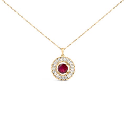 14K Yellow Gold Plated Sterling Silver Lab Grown Ruby and Diamond Medallion Pendant Necklace