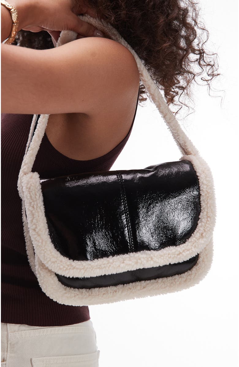 Topshop Faux Shearling Lined Faux Leather Shoulder Bag, Main, color,