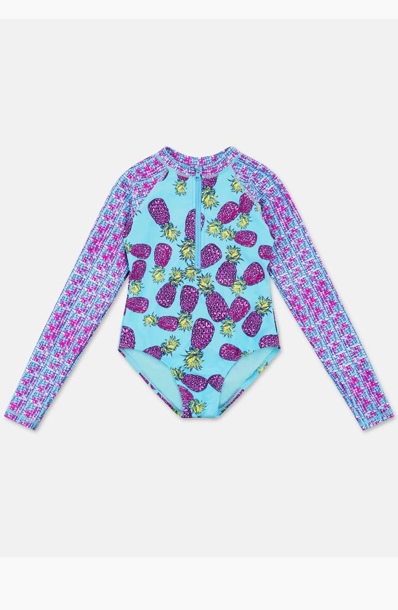 Limeapple Pineapple Printed Long Sleeve Rashguard One Piece, Main, color, Multicolor