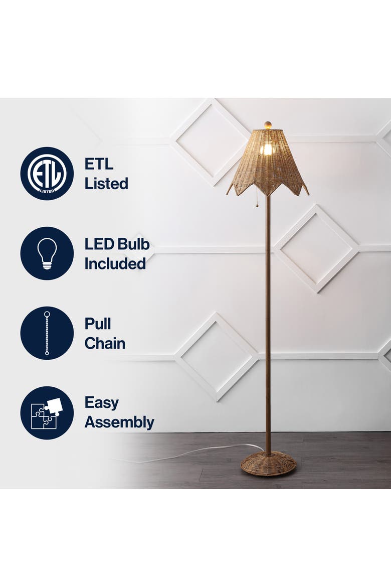 Tybee 60.5" Traditional Coastal Rattan Scalloped LED Floor Lamp, Alternate, color, Brown