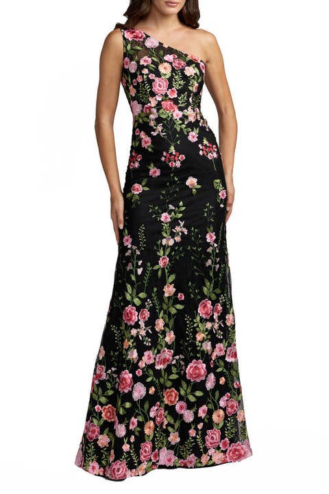 One Shoulder Lace Embroidered Gown