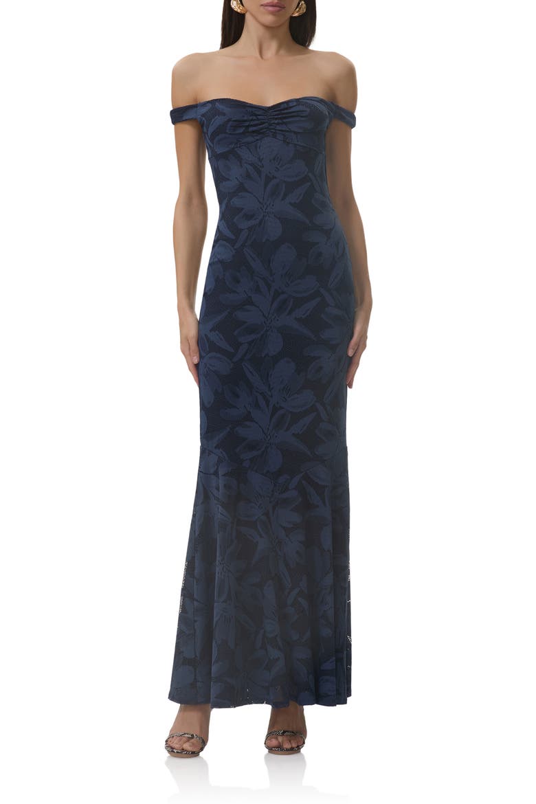 Morgan Floral Mesh Off the Shoulder Dress, Main, color, BLACK IRIS
