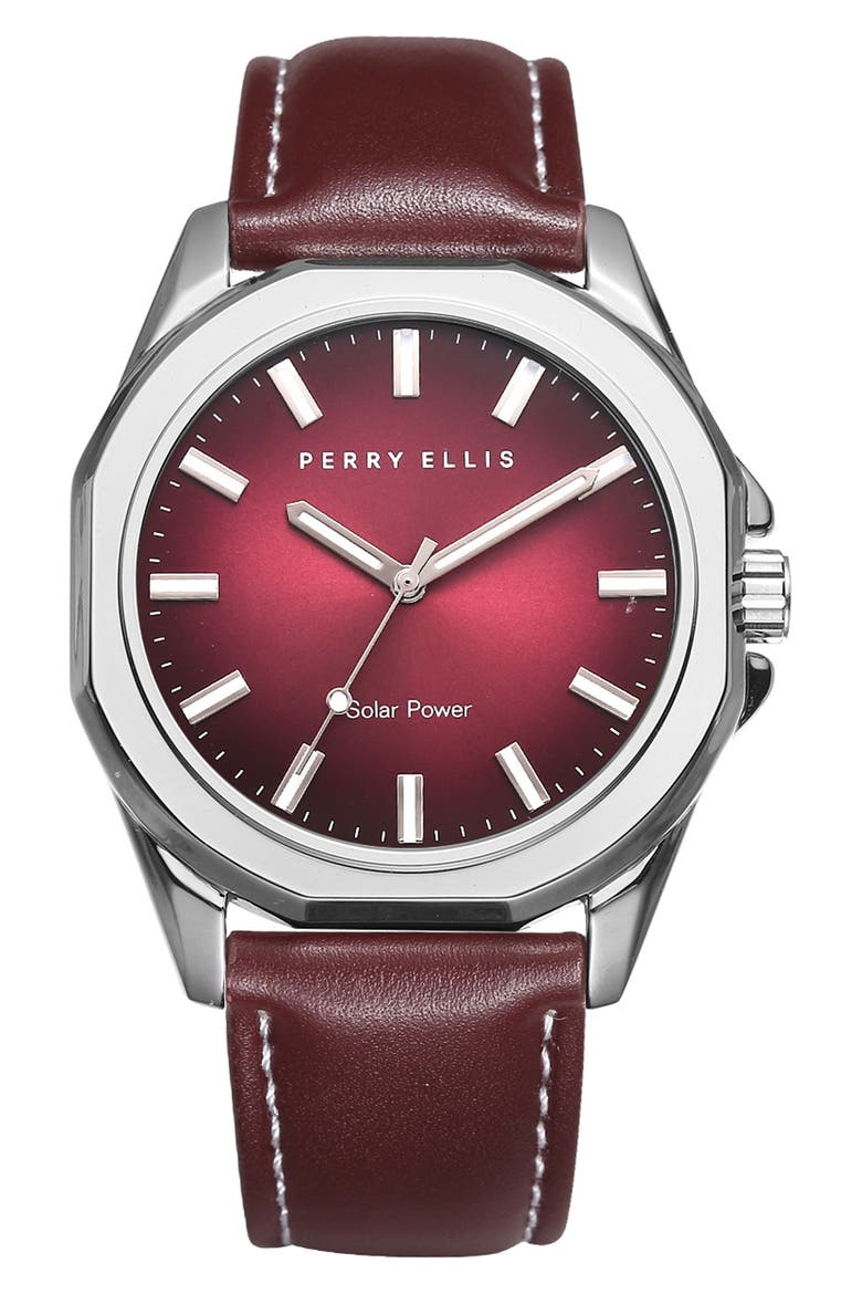 Solar Powered 3-Hand Quartz Leather Strap Watch, 41mm, Main, color, SILVER