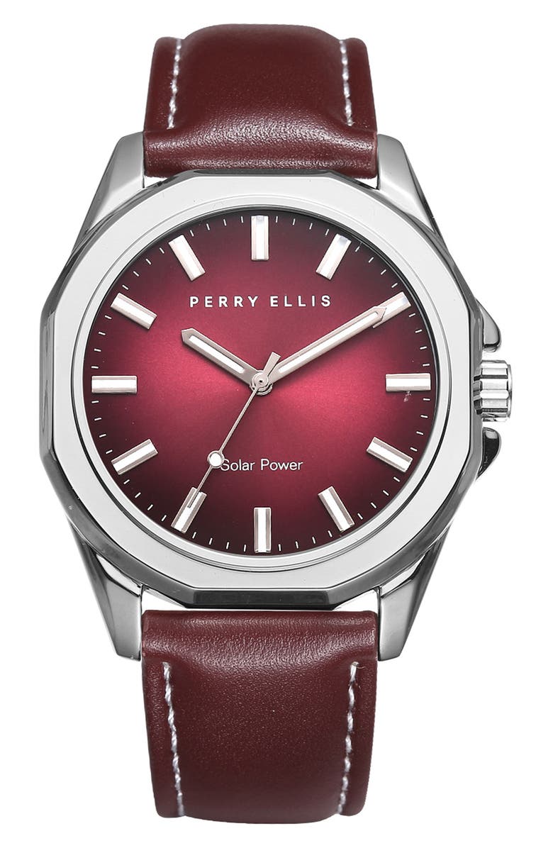 Perry Ellis Solar Powered 3-Hand Quartz Leather Strap Watch, 41mm, Main, color, Silver