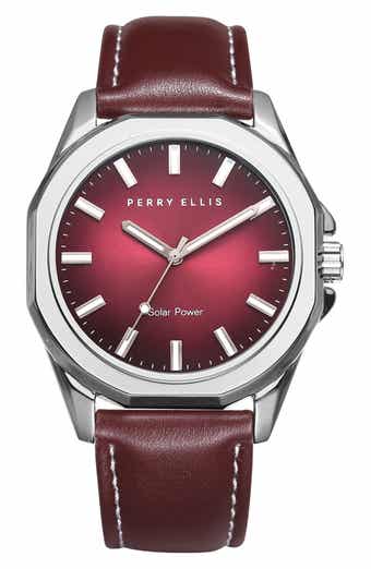 Perry Ellis Solar Powered 3-Hand Quartz Leather Strap Watch, 41mm