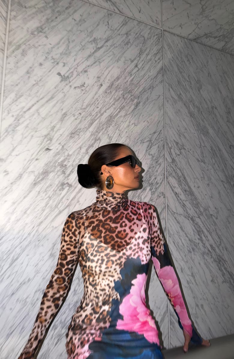 AFRM Shailene Long Sleeve Mesh Midi Dress, Alternate, color, Animal Block Peony