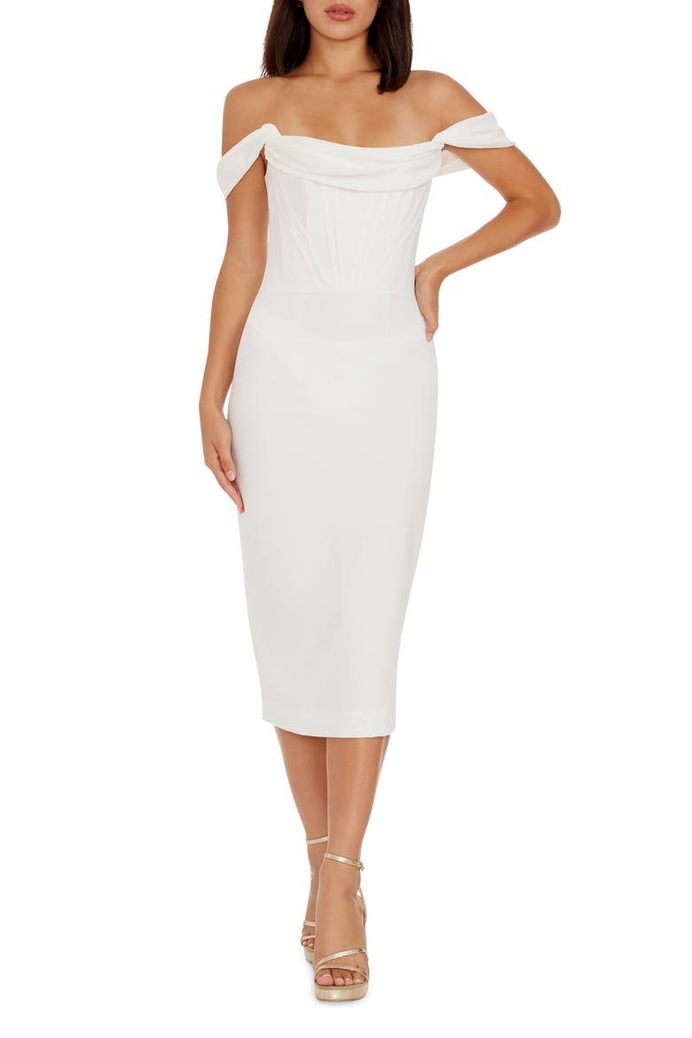 Vickie Off the Shoulder Midi Corset Dress, Main, color, WHITE