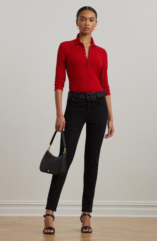 Ralph Lauren Rib-knit Three-quarter-sleeve Polo Shirt In Red