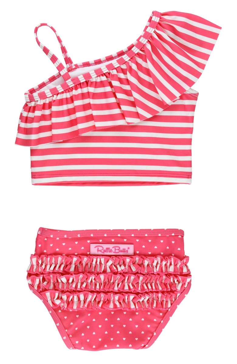 RuffleButts Kids' Hot Pink Heart Ruffle One-Shoulder Two-Piece Swimsuit, Alternate, color, Pink