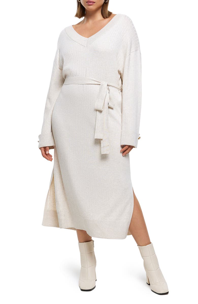 River Island Tie Waist Long Sleeve Rib Midi Sweater Dress, Main, color, 