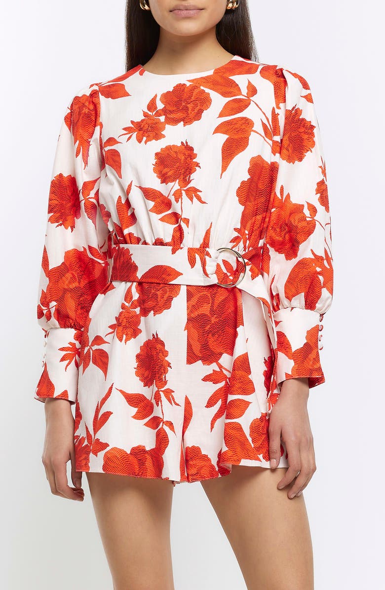River Island Belted Floral Long Sleeve Romper, Alternate, color, 
