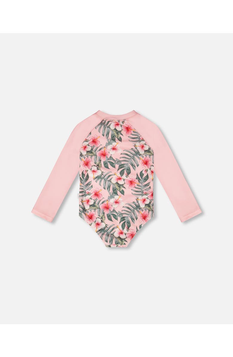 Deux par Deux One-Piece Long Sleeve Hibiscus Rashguard, Alternate, color, Pink Hibiscus Print