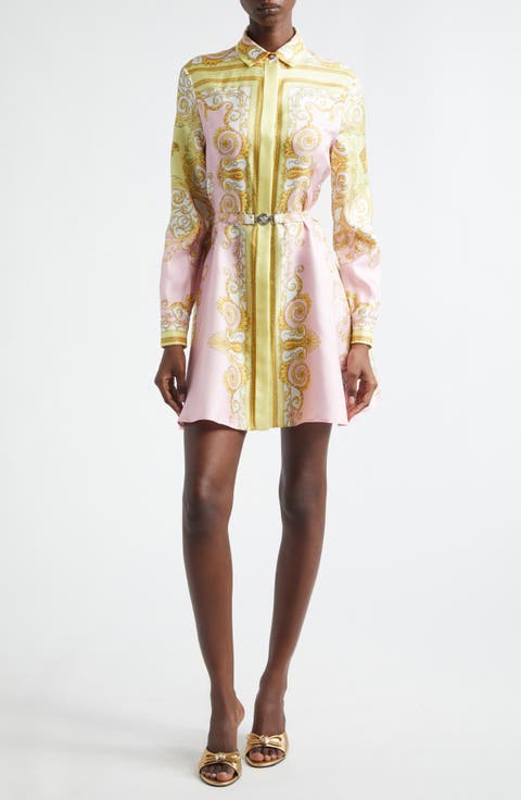 Barocco Print Belted Long Sleeve Silk Shirtdress