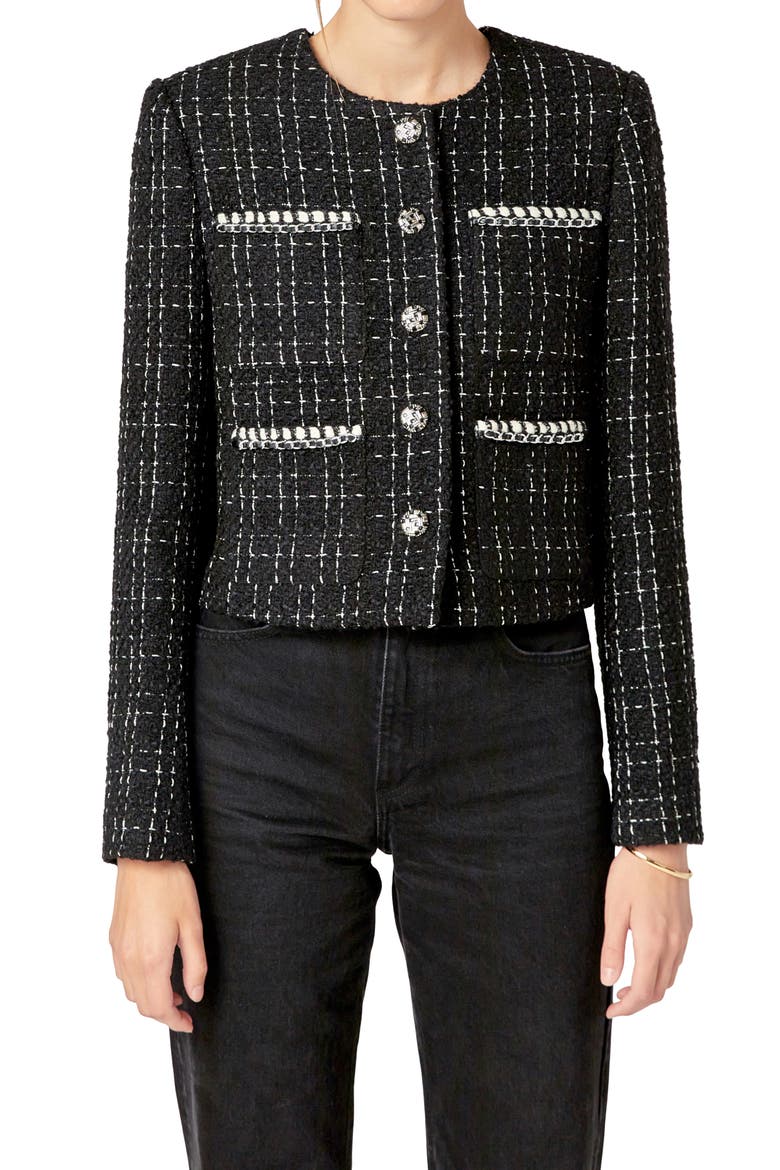 Windowpane Tweed Jacket, Alternate, color, BLACK