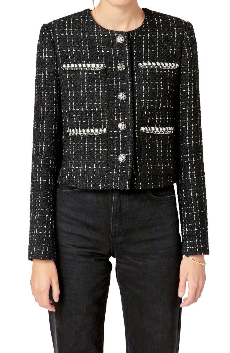 English Factory Windowpane Tweed Jacket, Alternate, color, Black