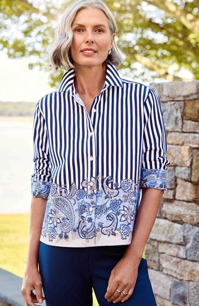 Foxcroft Jodie Stripe Cotton Button-Up Shirt, Alternate, color, Blue Multi