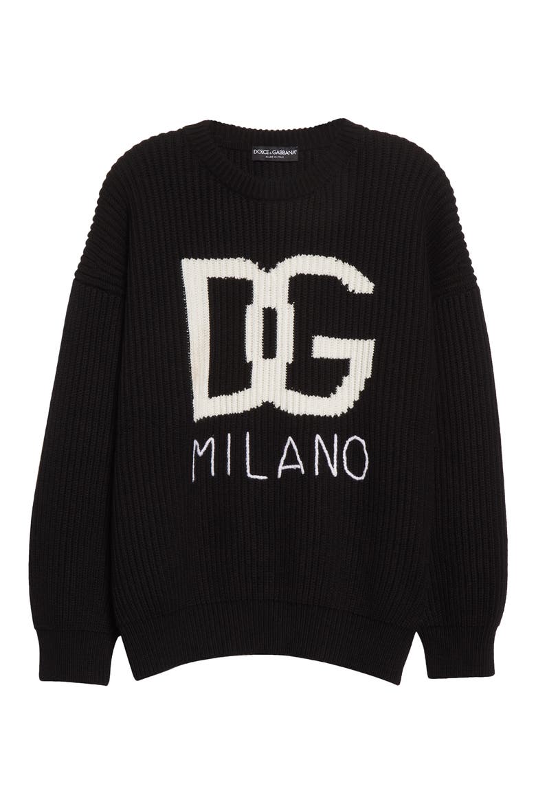 Intarsia Logo Cashmere & Virgin Wool Rib Sweater, Alternate, color, BLACK/ WHITE