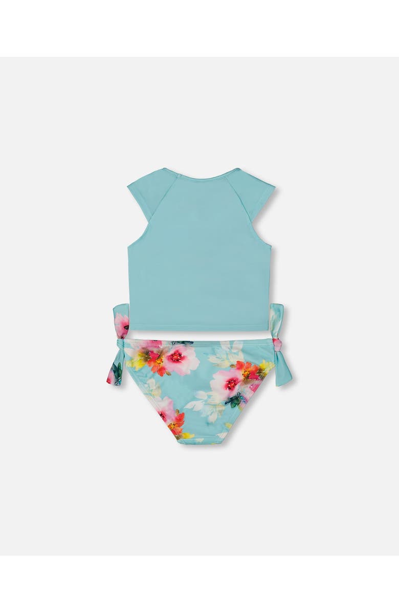 Deux par Deux Girl's Printed Two-Piece Swimsuit Turquoise And Pink Flowers, Alternate, color, 