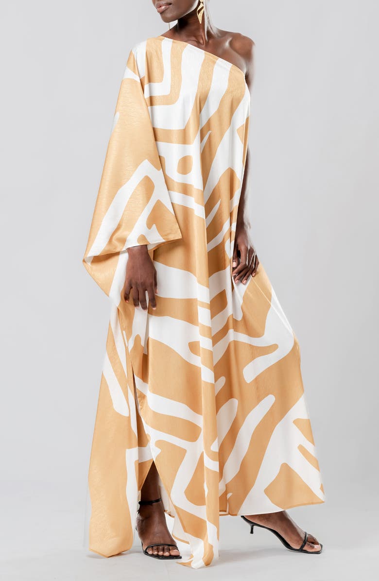DIARRABLU Lava Cream Satu Jacquard One-Shoulder Long Sleeve Maxi Dress, Alternate, color, 